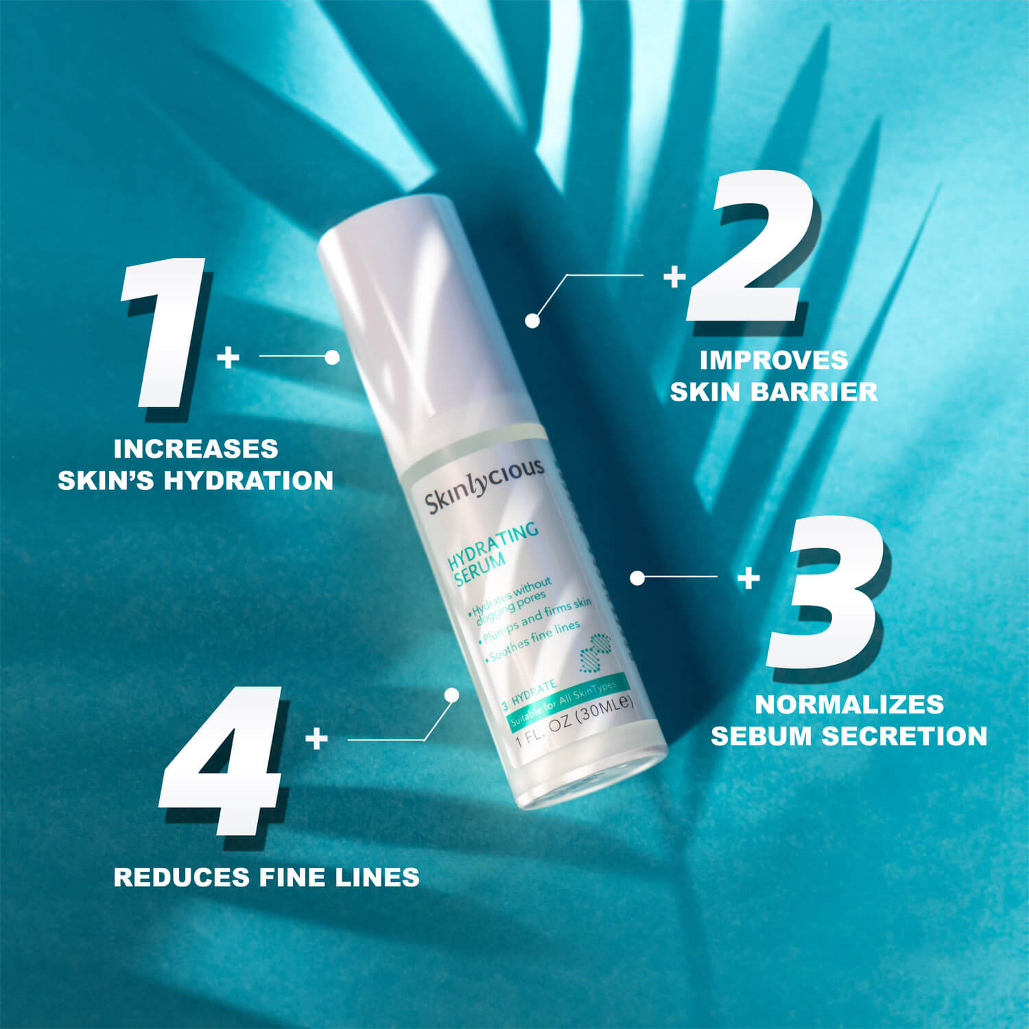 Key ingredients and benefits of Skinlycious Hydrate product for sensitive and acne-prone skin.