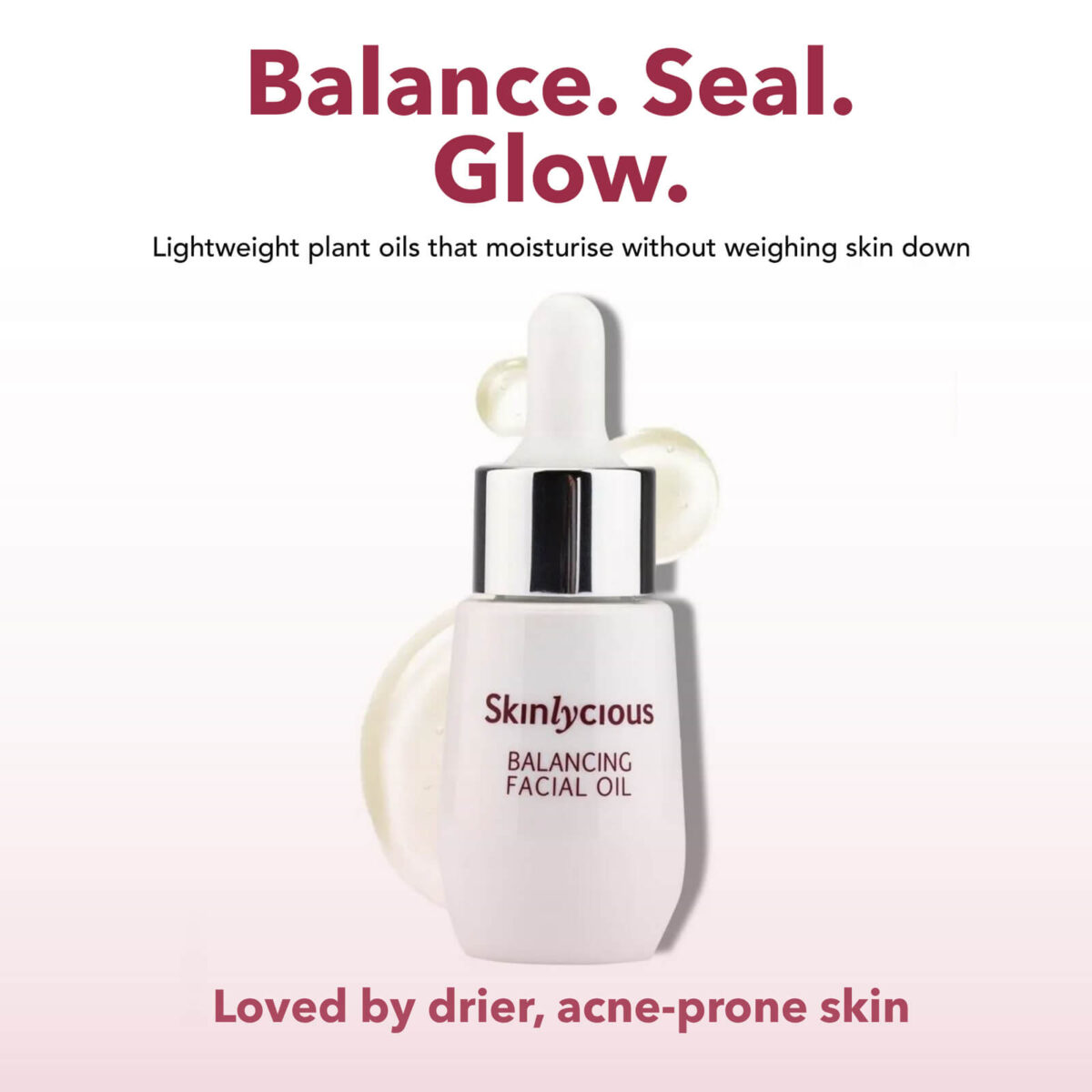 Skinlycious Balancing Facial Oil with lightweight plant oils to moisturise and balance dry, acne-prone skin