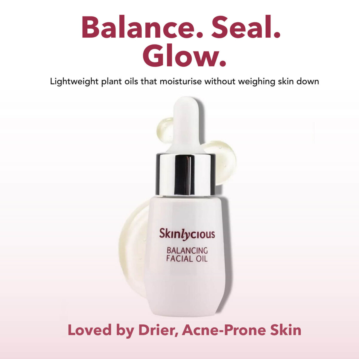 Skinlycious Balancing Facial Oil with lightweight plant oils to moisturise and balance dry, acne-prone skin