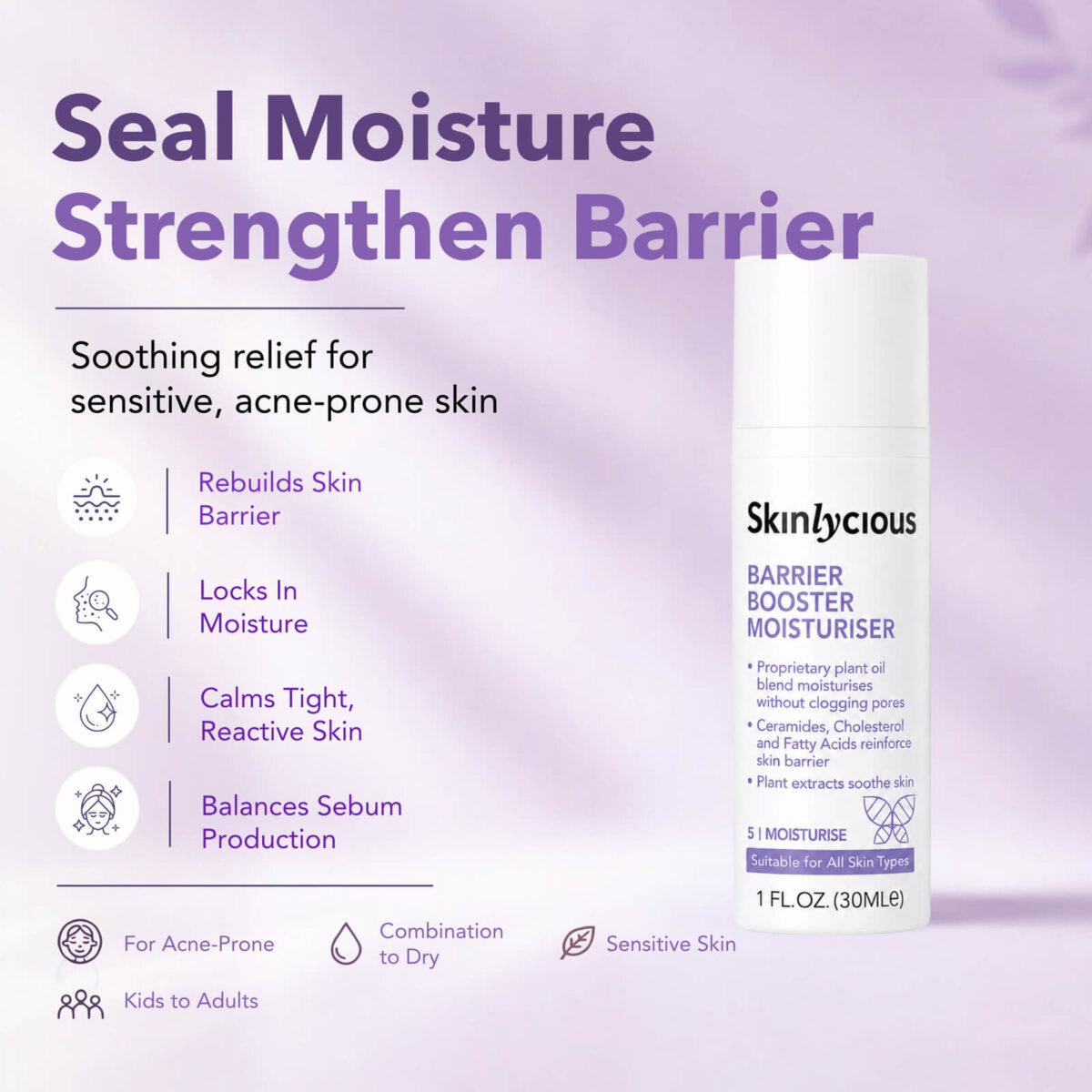 Skinlycious Barrier Booster Moisturiser helps strengthen the skin barrier, lock in moisture and soothe sensitive, acne-prone skin.