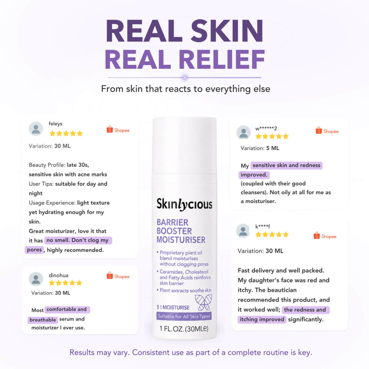 Customer reviews of Skinlycious Barrier Booster Moisturiser for sensitive, acne-prone skin, highlighting lightweight hydration and soothing care.