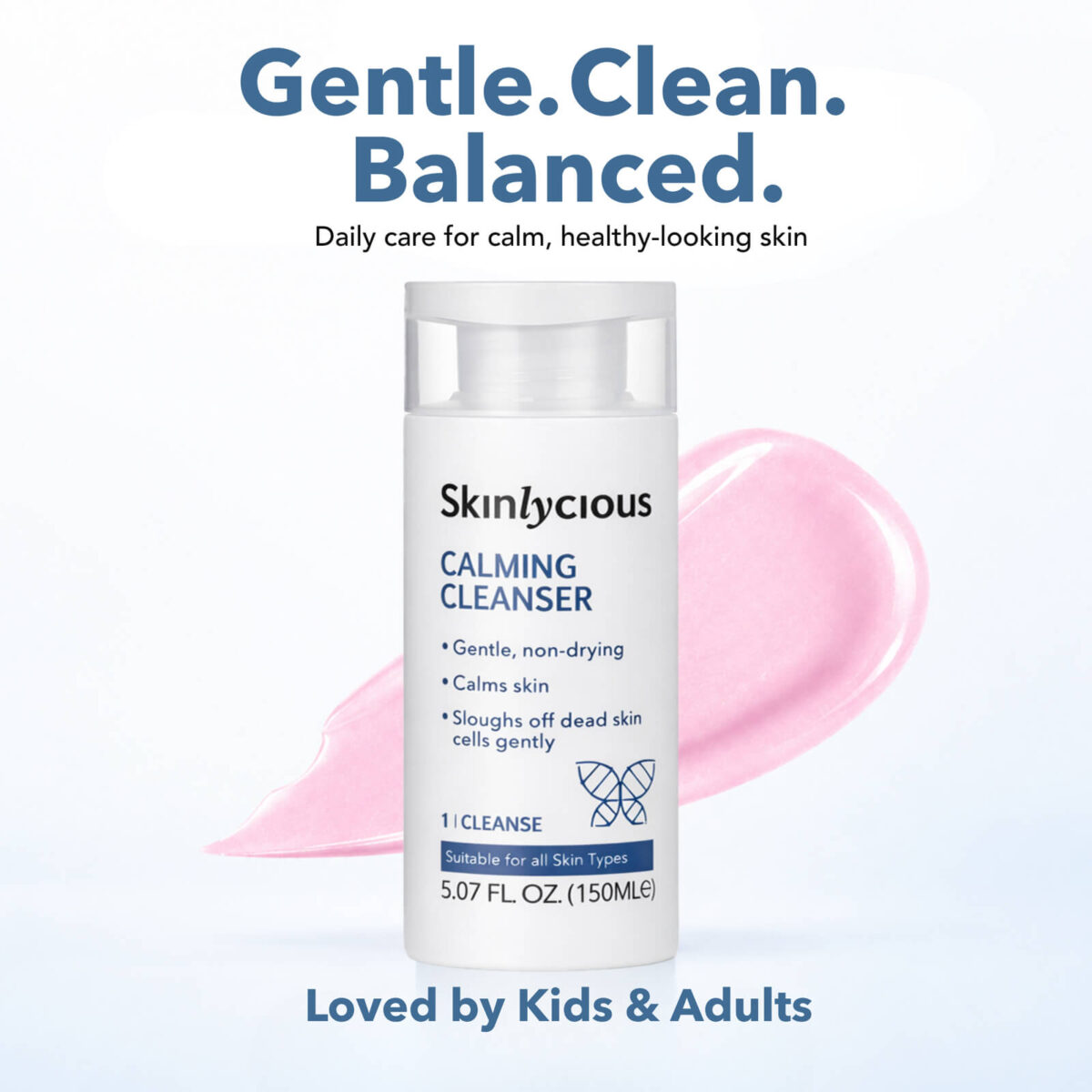 Skinlycious Calming Cleanser, a gentle non-drying facial cleanser for calm, healthy-looking skin for kids and adults
