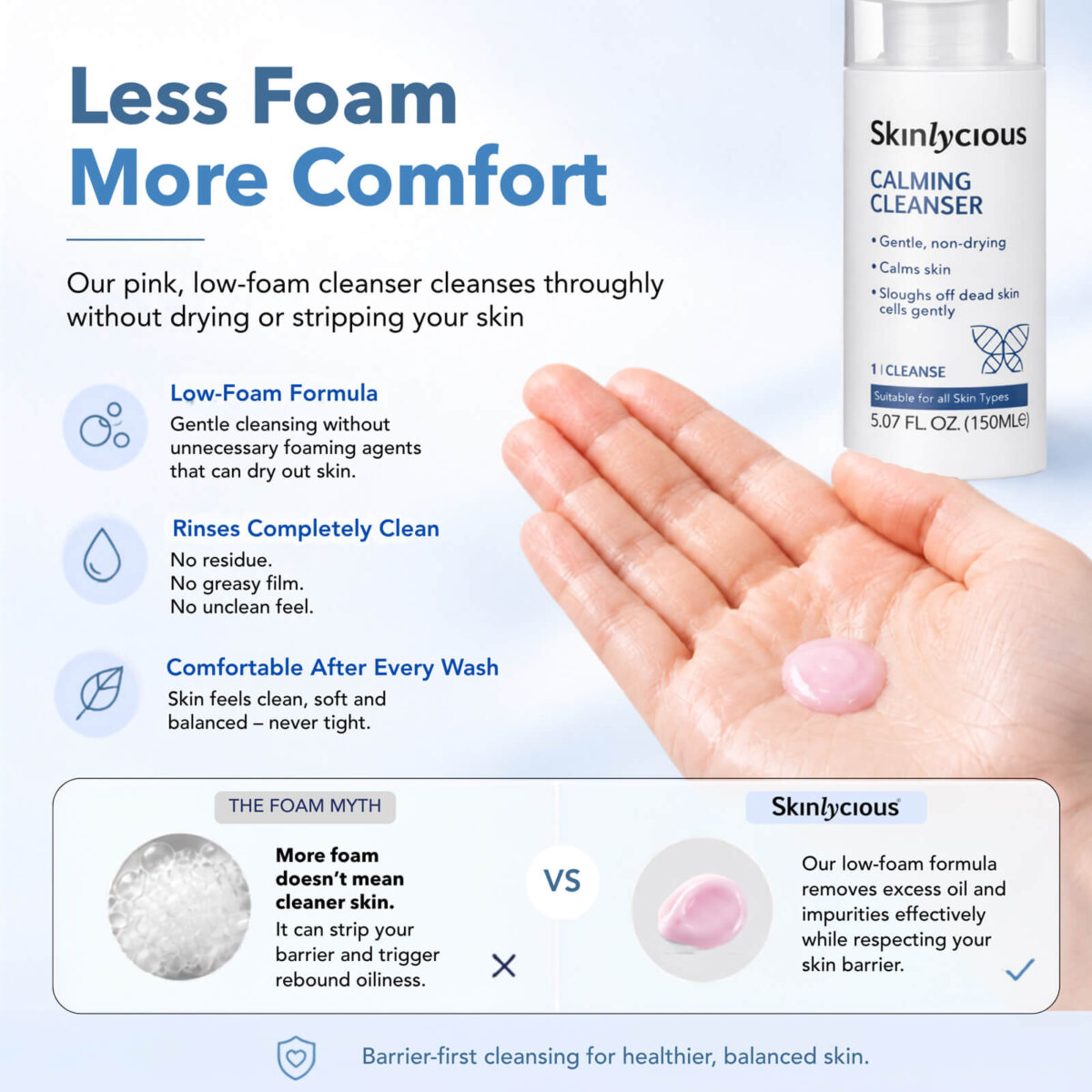 Skinlycious Calming Cleanser pink low-foam texture for gentle cleansing without stripping the skin