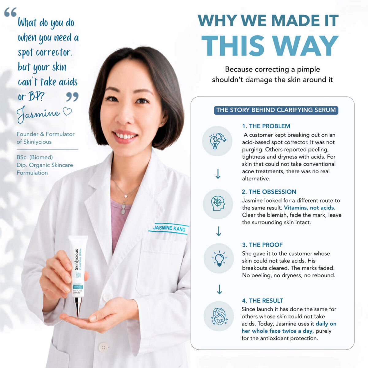 Skinlycious founder and formulator presenting Clarifying Serum and the story behind its formulation