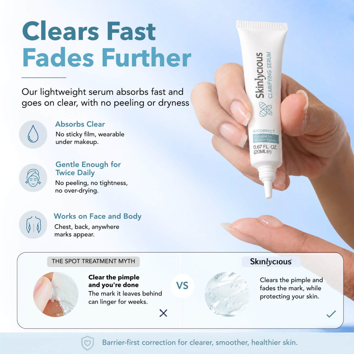 Skinlycious Clarifying Serum lightweight clear texture for pimples and post-acne marks without peeling or dryness