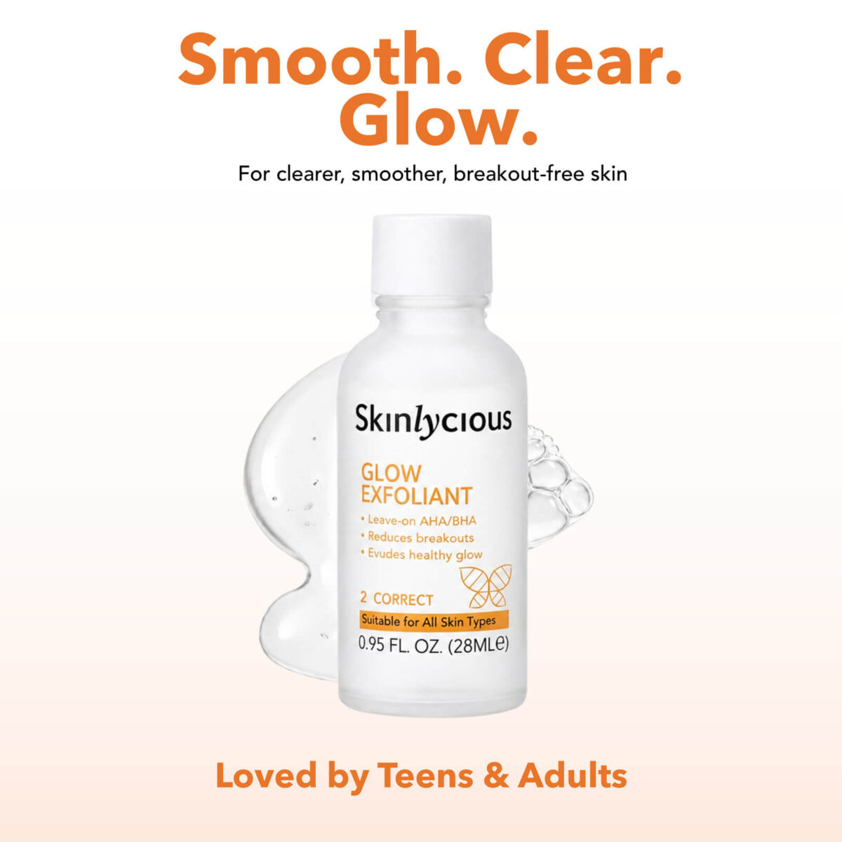 Skinlycious Glow Exfoliant leave-on AHA BHA exfoliant for clearer, smoother, breakout-free skin for teens and adults
