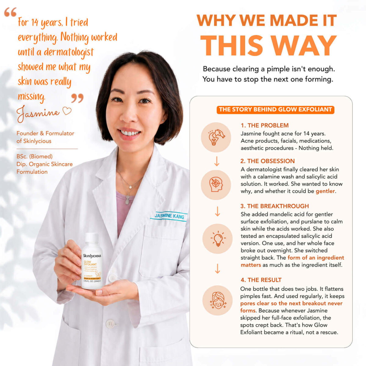 Skinlycious founder and formulator presenting Glow Exfoliant and the story behind its formulation
