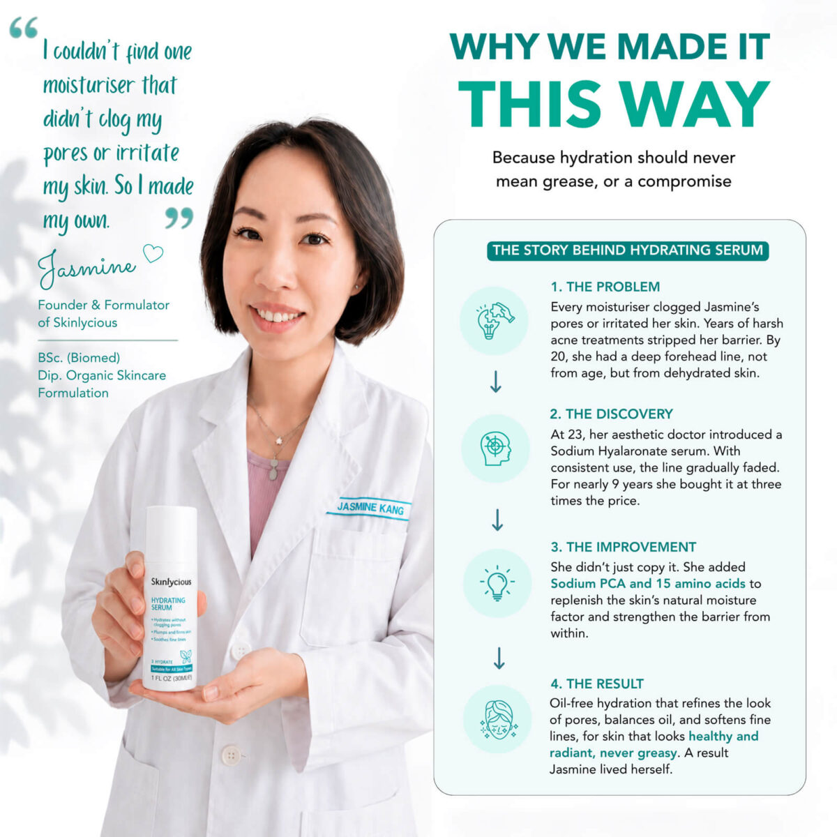 Skinlycious founder and formulator presenting Hydrating Serum and the story behind its formulation