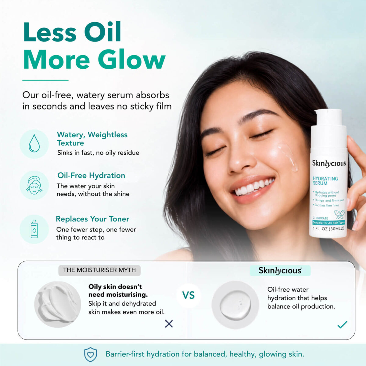 Skinlycious Hydrating Serum lightweight oil-free texture for hydrated, balanced skin