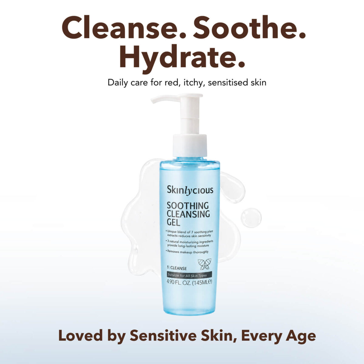Skinlycious Soothing Cleansing Gel for sensitive, red and itchy skin, a gentle hydrating facial cleanser for teens and adults