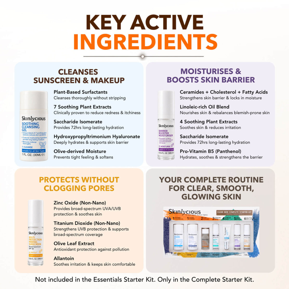 skinlycious-clear-skin-complete-starter-kit-key-ingredients Skinlycious Clear Skin Complete Starter Kit key ingredients for cleansing, acne care, hydration, skin barrier support and sun protection