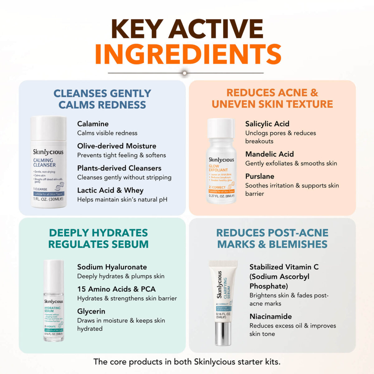 skinlycious-clear-skin-essentials-starter-kit-key-ingredients Skinlycious Clear Skin Essentials Starter Kit key ingredients for cleansing, acne care, hydration and reducing post-acne marks