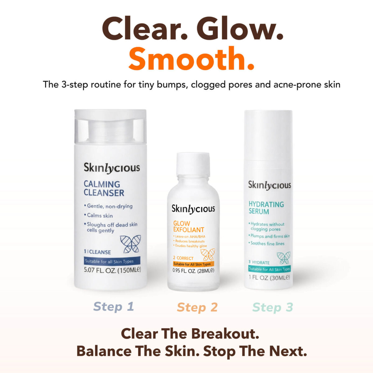 Skinlycious Clear Skin Potent Kit featuring Calming Cleanser, Glow Exfoliant, and Hydrating Serum for acne-prone skin.