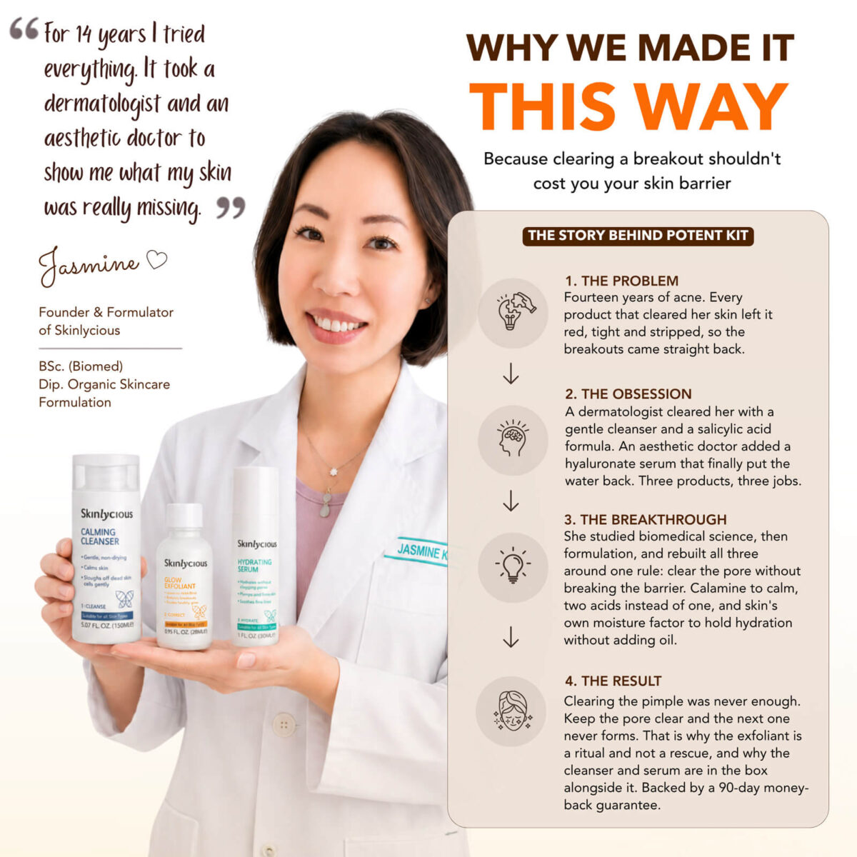 Skinlycious founder Jasmine holding the Clear Skin Potent Kit and sharing the story behind its three-step acne skincare formulation.