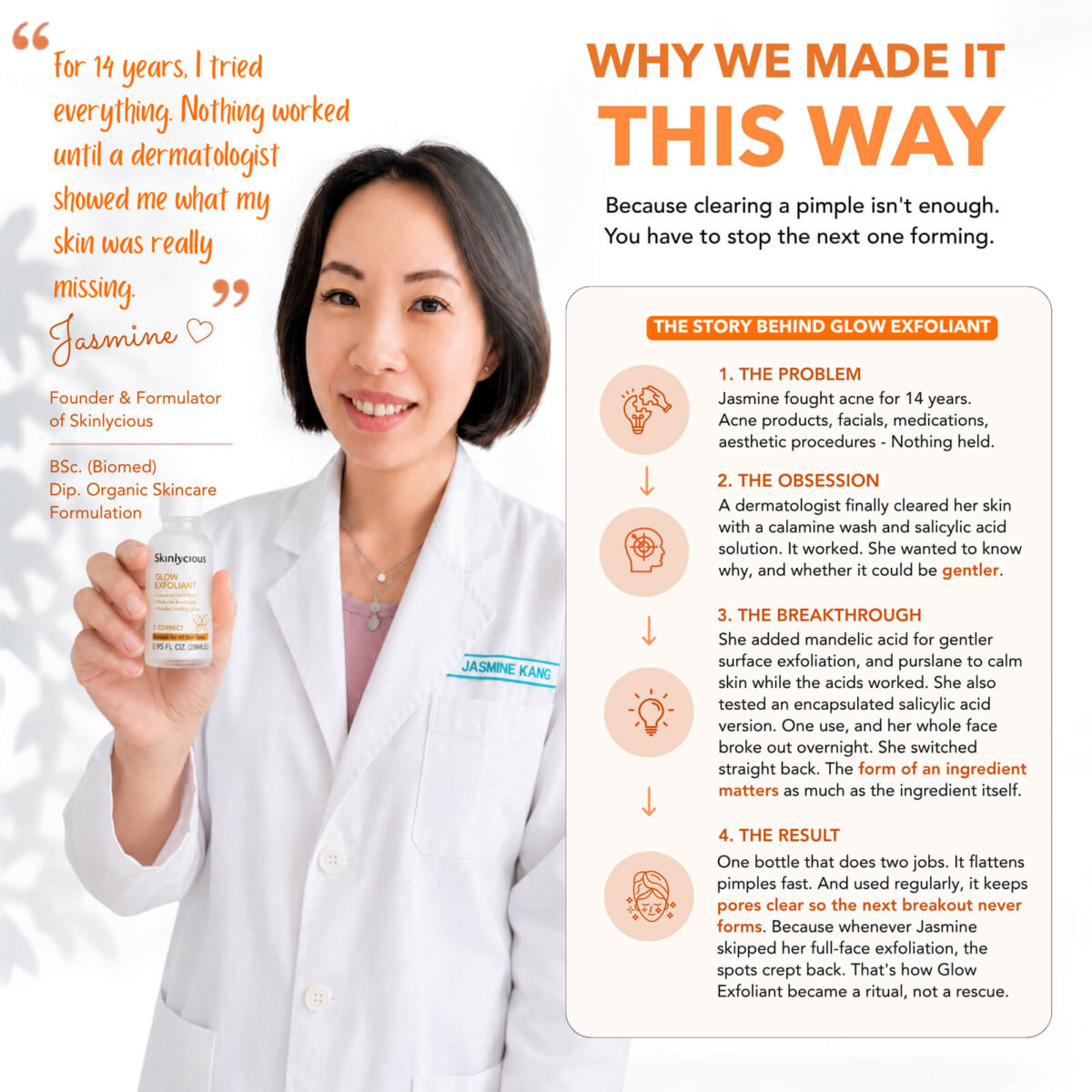 Skinlycious founder and formulator presenting Glow Exfoliant and the story behind its formulation