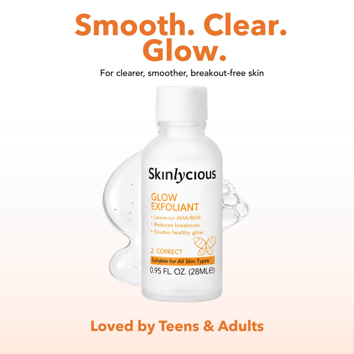 Skinlycious Glow Exfoliant is a leave-on AHA BHA exfoliant that helps flatten bumps, unclog pores, fade post-acne marks, and reveal smoother, brighter-looking skin.