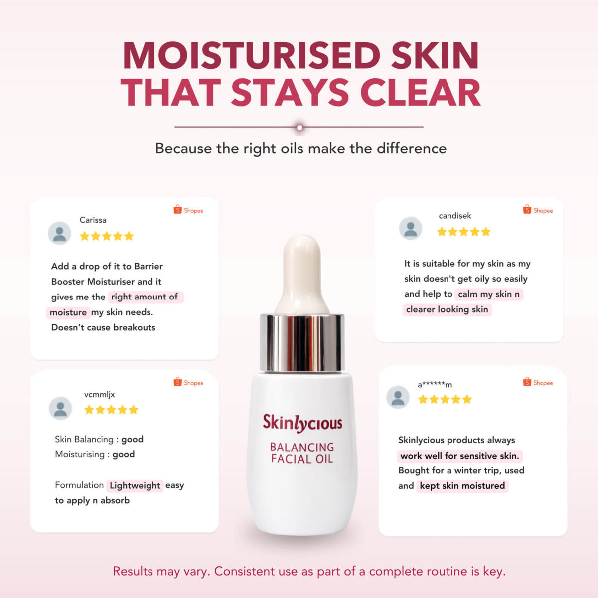 Skinlycious Balancing Facial Oil customer reviews highlighting lightweight moisture, sensitive skin support and clearer-looking skin