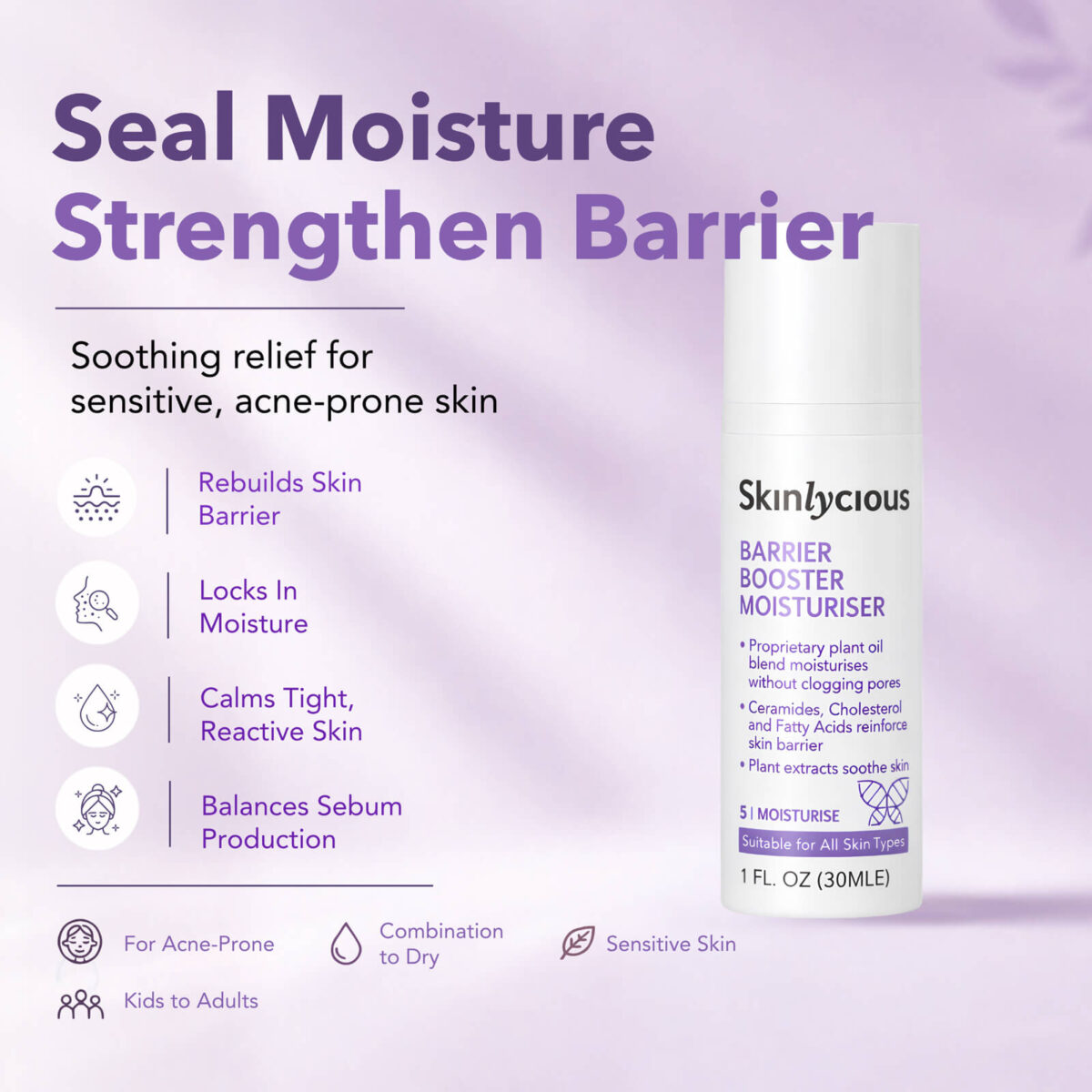 Skinlycious Barrier Booster Moisturiser helps strengthen the skin barrier, lock in moisture and soothe sensitive, acne-prone skin.