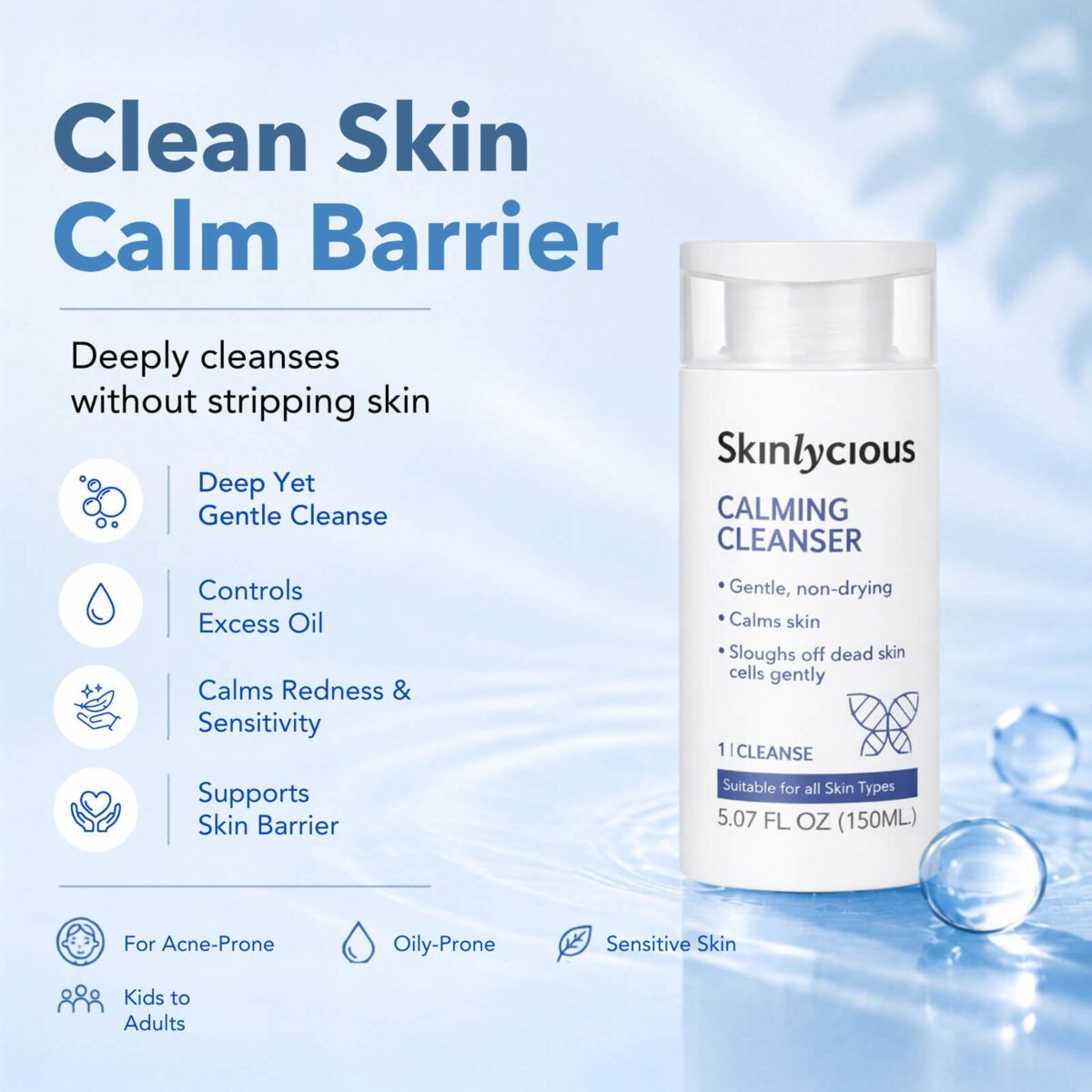 Skinlycious Calming Cleanser for gentle cleansing, excess oil control and skin barrier support