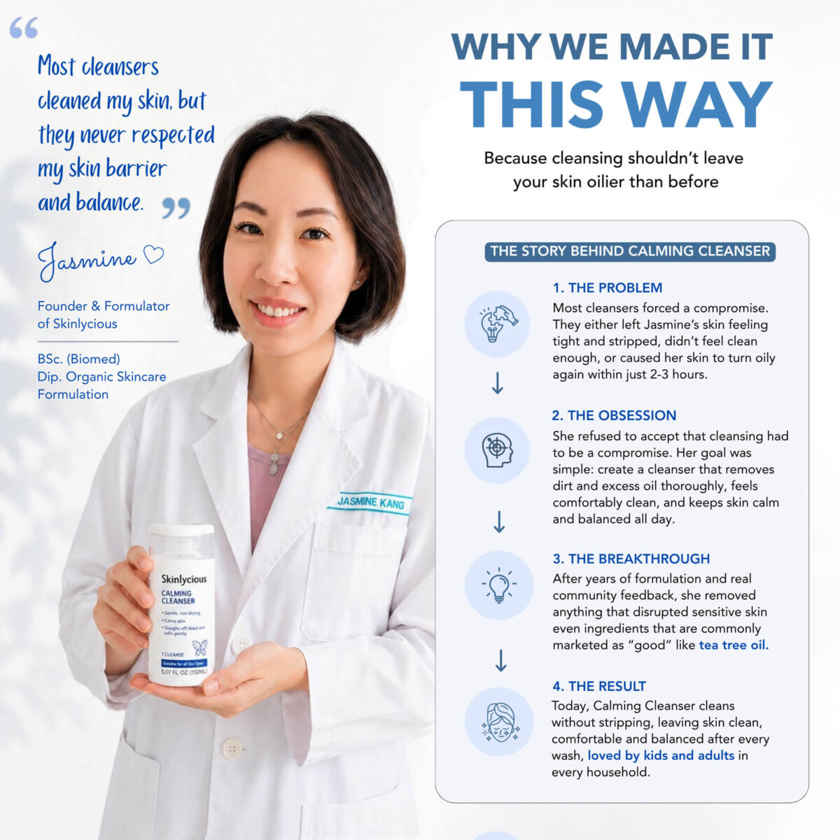 Skinlycious founder and formulator presenting Calming Cleanser and the story behind its formulation