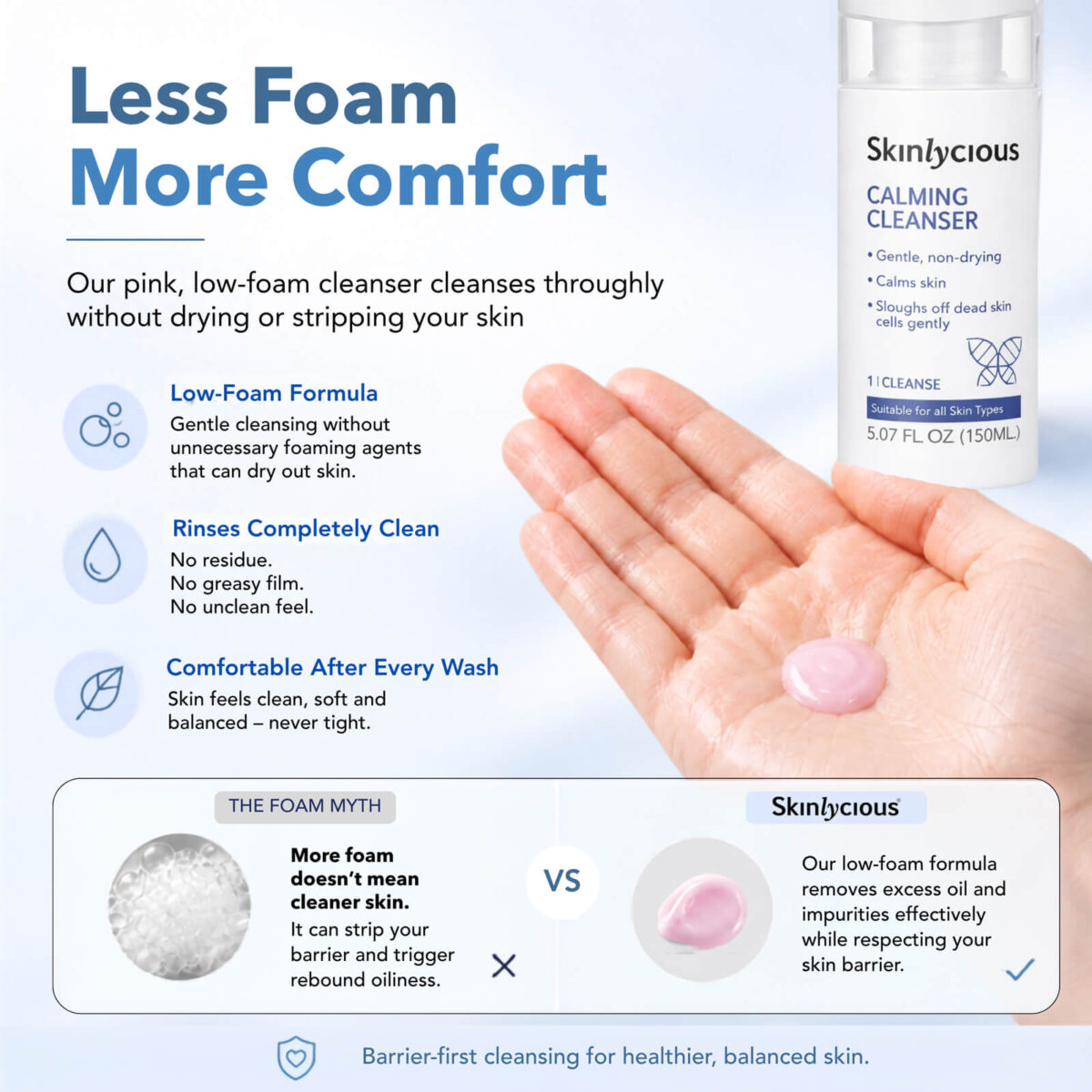 Skinlycious Calming Cleanser pink low-foam texture for gentle cleansing without stripping the skin
