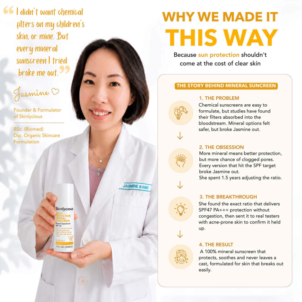 Story behind Skinlycious Multi Protection Mineral Sunscreen, created for acne-prone and sensitive skin with 100% mineral UV filters.
