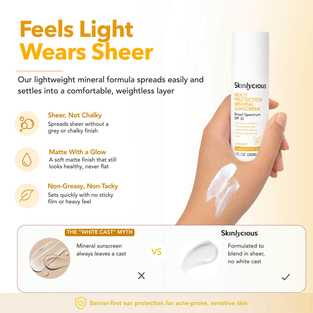Lightweight texture of Skinlycious Mineral Sunscreen with a sheer, non-greasy finish formulated to blend without a chalky white cast.