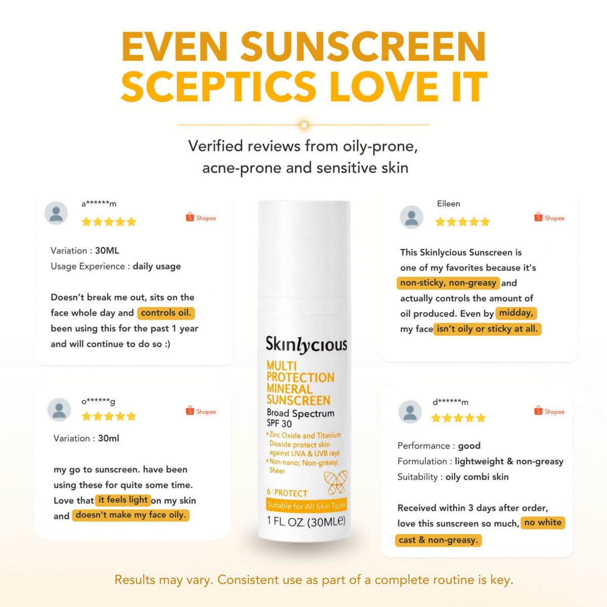 Customer reviews of Skinlycious Mineral Sunscreen highlighting its lightweight, non-greasy feel, oil control and sheer finish.