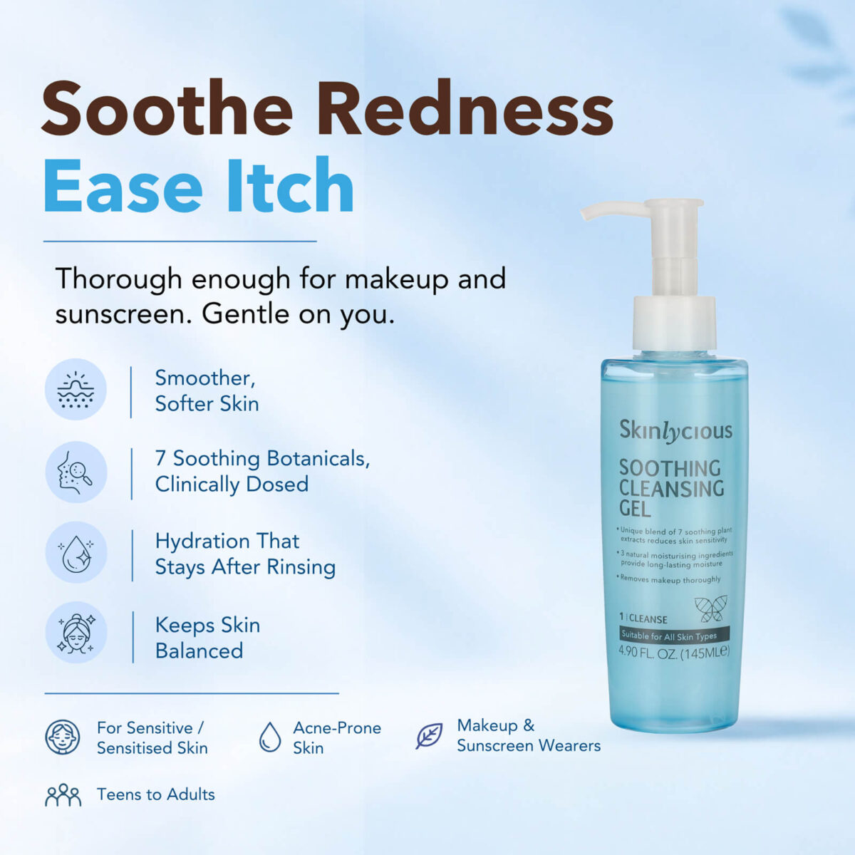 Skinlycious Soothing Cleansing Gel for sensitive and acne-prone skin, formulated to cleanse makeup and sunscreen while soothing redness and maintaining hydration.