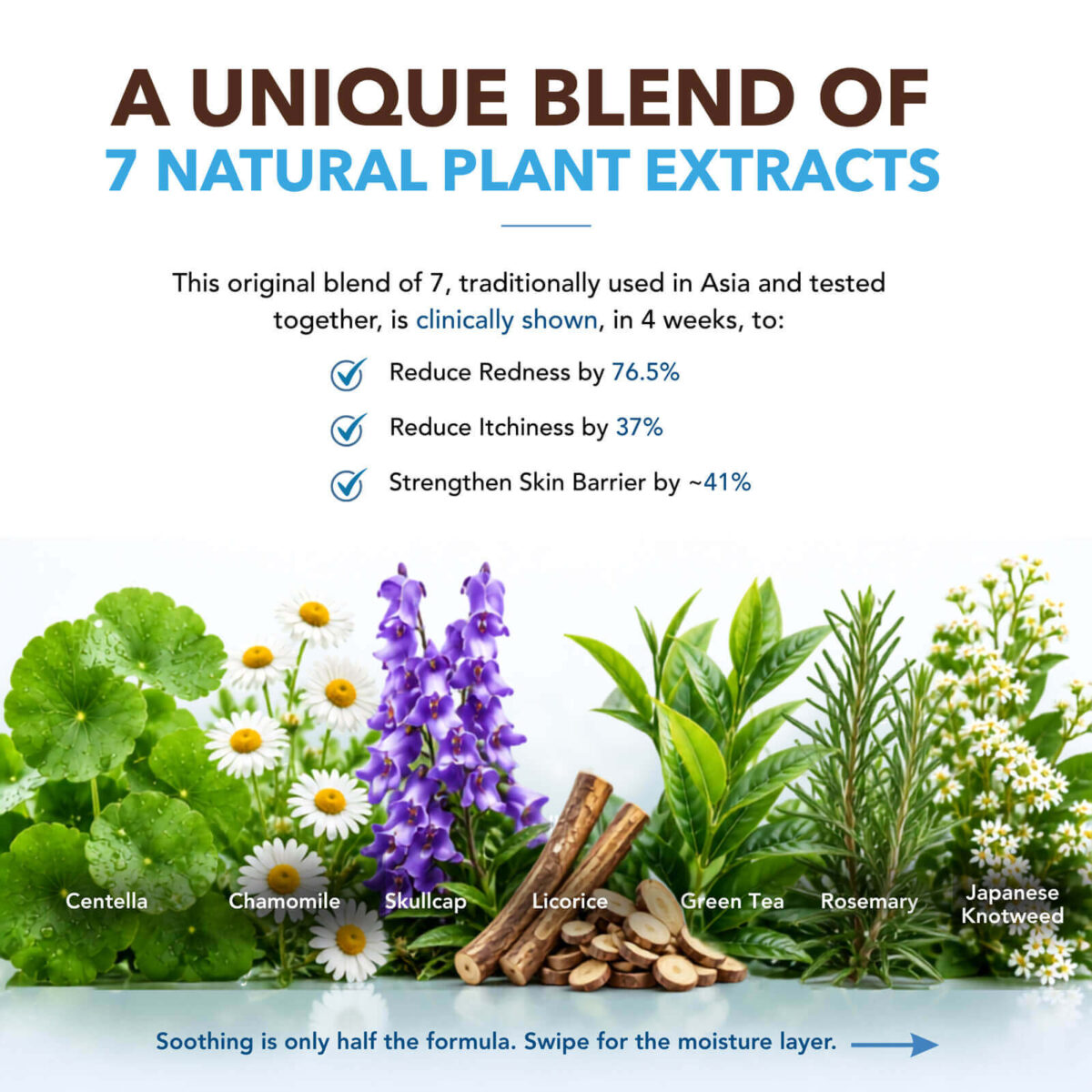 Seven soothing plant extracts in Skinlycious Soothing Cleansing Gel including centella, chamomile, skullcap, licorice, green tea, rosemary and Japanese knotweed.