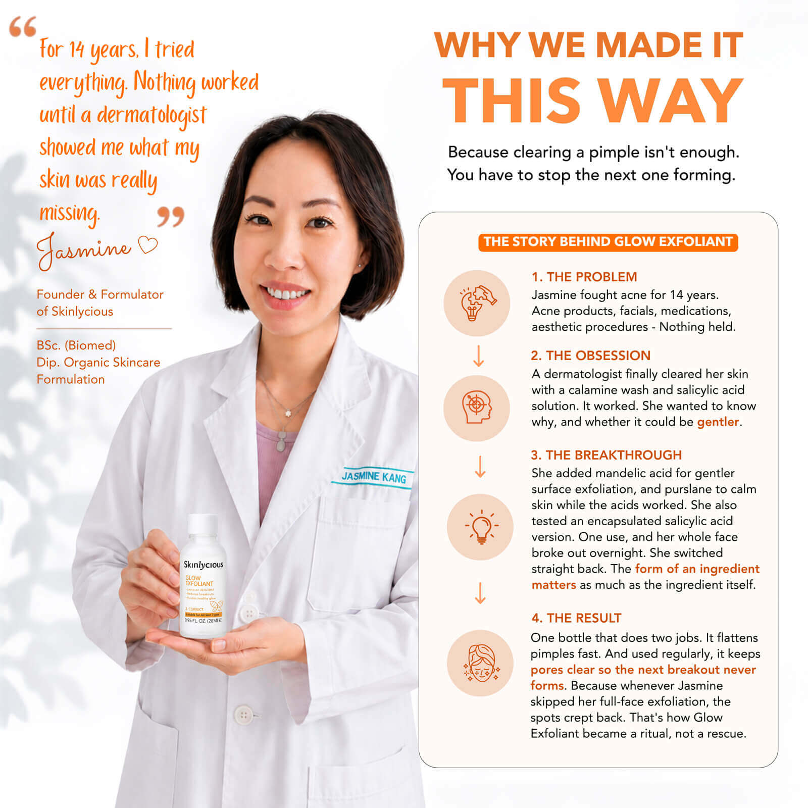 Skinlycious founder and formulator presenting Glow Exfoliant and the story behind its formulation