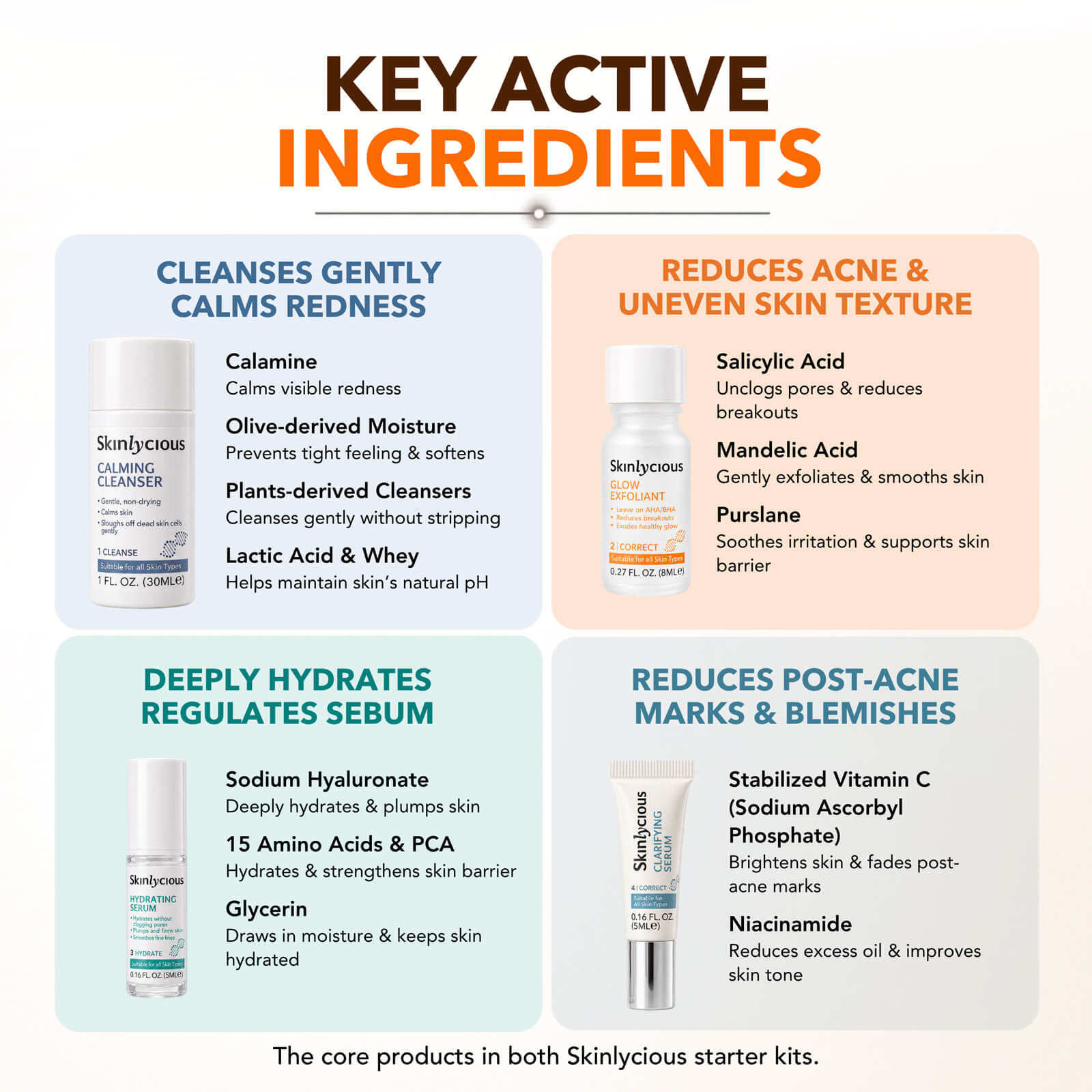Skinlycious Clear Skin Essentials Starter Kit key ingredients for cleansing, acne care, hydration and reducing post-acne marks